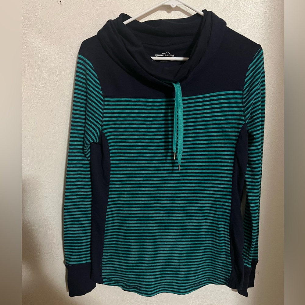 EDDIE BAUER Classic Waffle Knit Cowl Neck Striped Shirt Navy Blue Green Wms Sz L